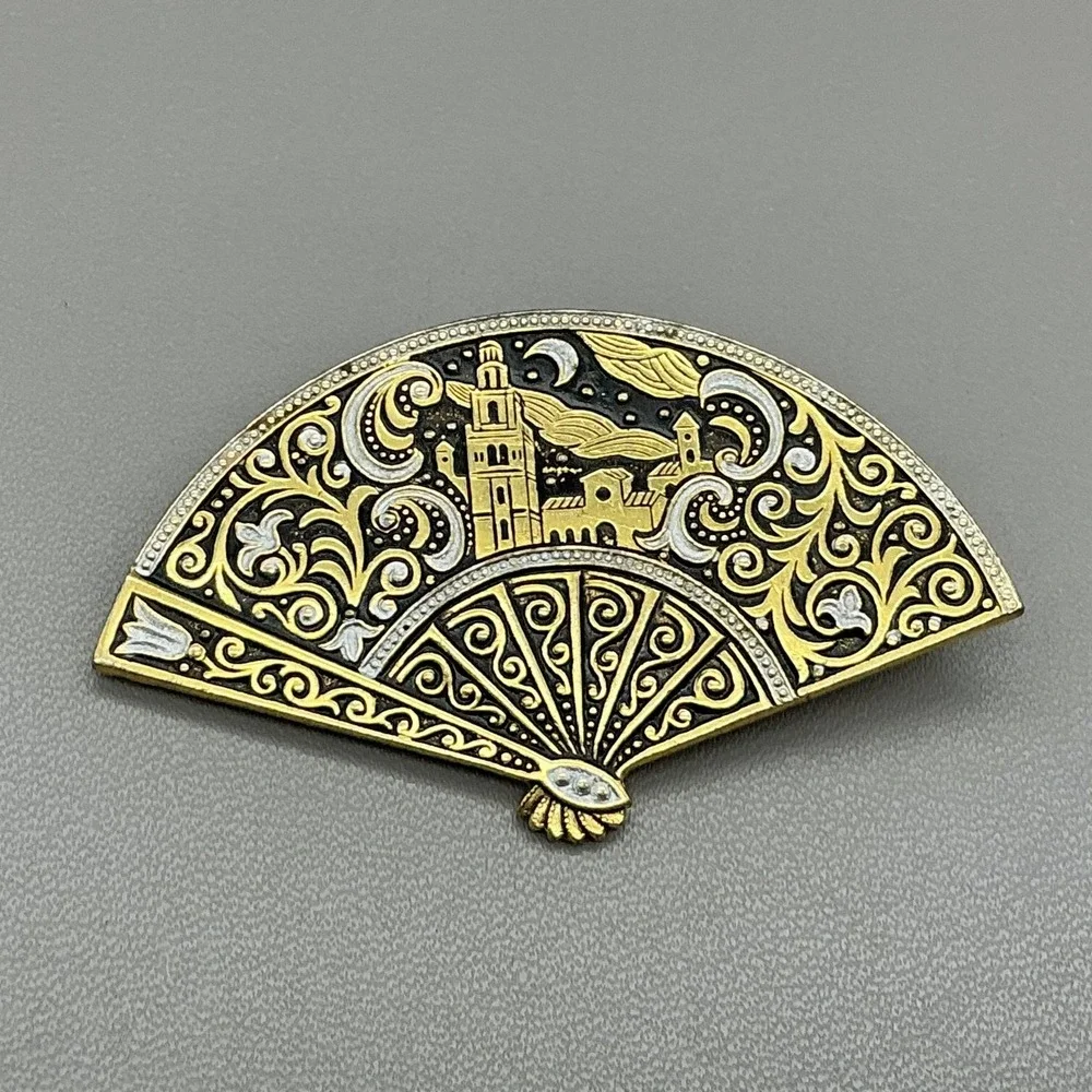 Gold Tone Fan Brooch Pin Damascene Cityscape Black Enamel Costume Jewelry 2